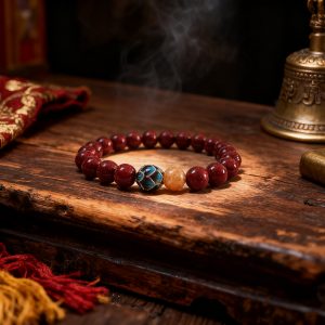 Natural Cinnabar Bracelet with Sunstone and 925 Sterling Silver Lotus Charm