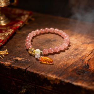Natural Strawberry Quartz Bracelet with Amber Comb Charm, Prehnite and Citrine for Love, Clarity & Good Fortune
