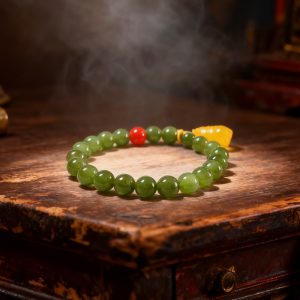 Natural Hetian Jade Bracelet with Amber Bamboo Shoot Charm and Red Agate for Growth, Luck & Harmony