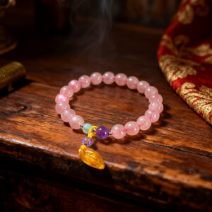 Natural Rose Quartz Bracelet with Amber Corn Charm, Amethyst and Amazonite for Love & Abundance