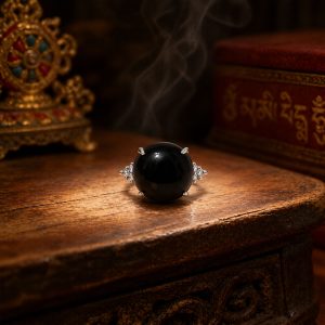 Adjustable Black Obsidian Sphere Ring in 925 Sterling Silver – Moon Shield Ring for Calm Energy