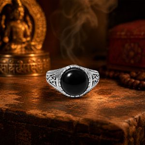 Adjustable 925 Silver Black Obsidian Ring – Vintage Filigree Protection Ring for Inner Peace