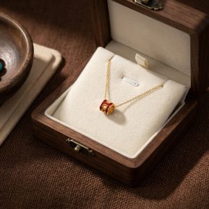 18K Gold Plated Red Enamel H Pendant Necklace | Minimalist Cylinder Necklace for Women | Lucky Elegant Gift for Her