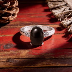 925 Sterling Silver Black Obsidian Ring for Women – Elegant Oval Gemstone Statement Ring