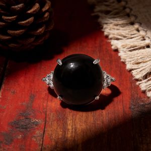 925 Sterling Silver Adjustable Statement Obsidian Ring | Elegant Protection Ring for Women
