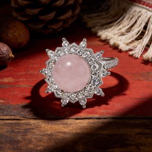 Sunburst 925 Sterling Silver Adjustable Rose Quartz Ring | Luxury Healing Crystal Ring for Love & Inner Peace