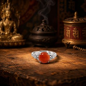 Adjustable 10mm Red Agate Ring in 925 Sterling Silver – Twin Spark Ring for Confidence & Emotional Balance