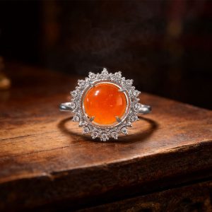 Adjustable Red Agate Halo Ring in 925 Sterling Silver – 10mm Warm Energy Ring for Hope & Self-Belief